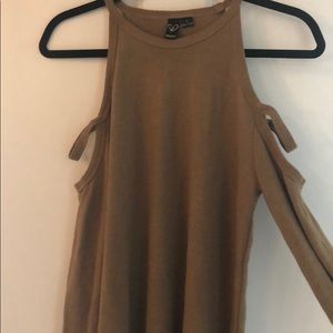 Tan sweater with shoulder cutouts